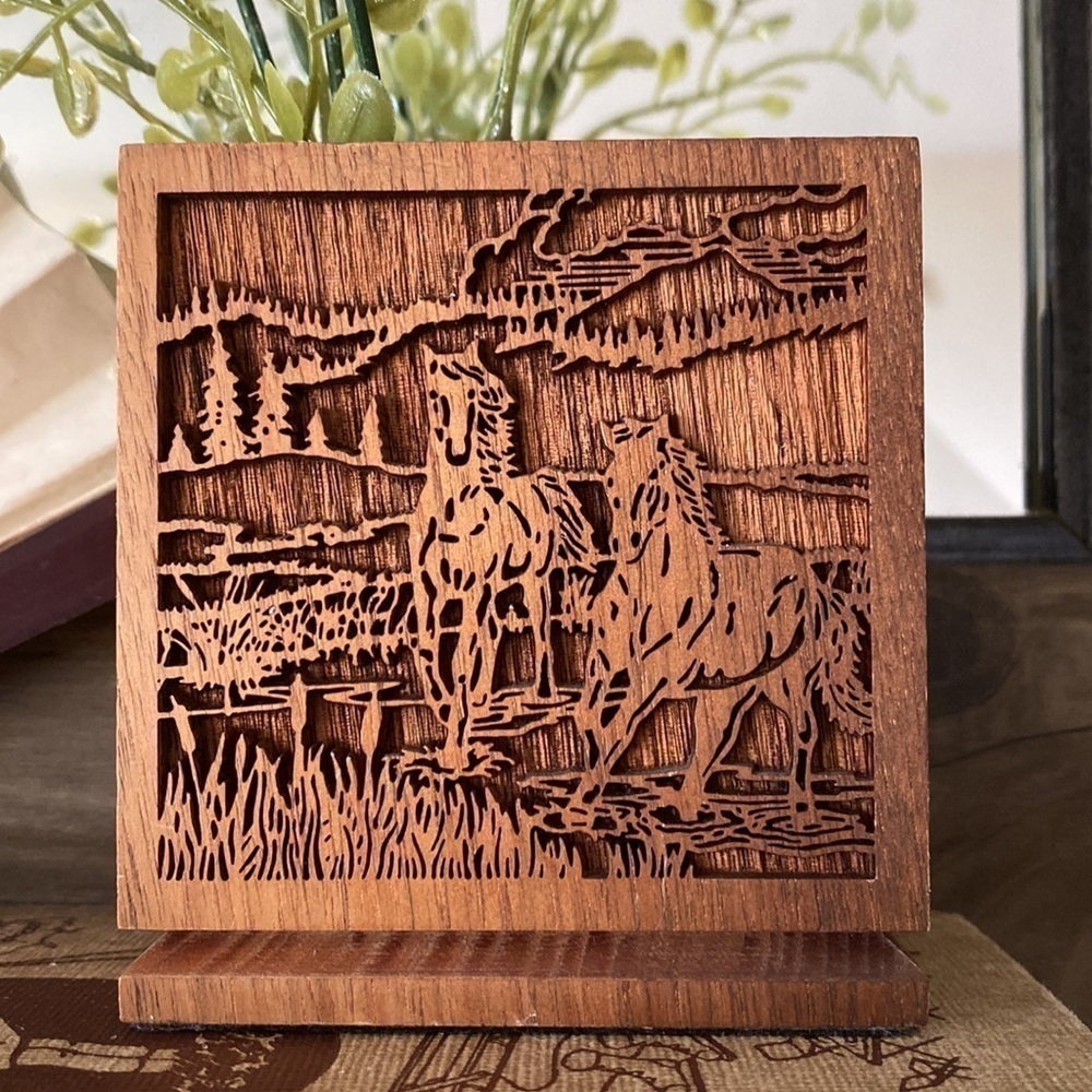VINTAGE Lasercraft wooden pencil holder laser engraved horse pasture walnut wood